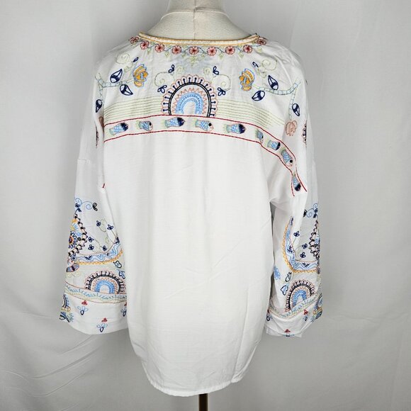 Liv Los Angeles Top Large White Embroidered Boho Floral Turtles Birds - Picture 5 of 12